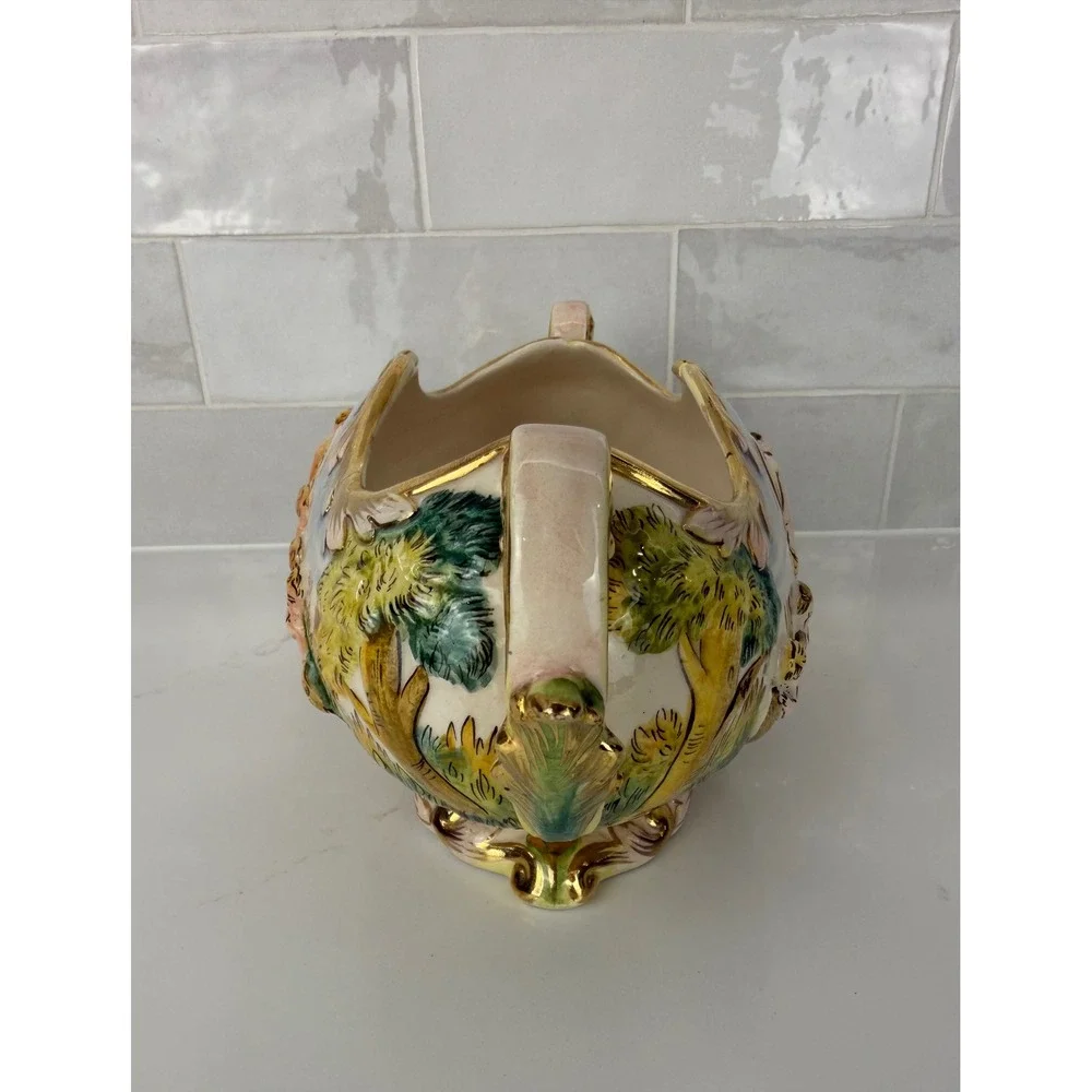 Capodimonte Italy Ceramic Centerpiece Bowl Relief Mythological Cherub Gold Gilt